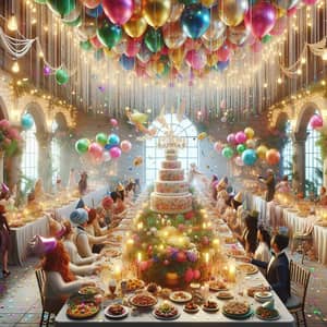 Vibrant Party Scene with Colorful Balloons and Delicious Foods