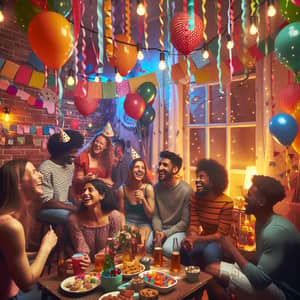 Colorful Party Scene with Diverse Attendees & Festive Decorations