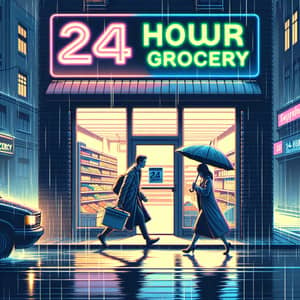 Nighttime Cityscape: 24 Hour Grocery Store in Rain with Diverse Shoppers