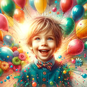 Playful Child Portrait with Colorful Balloons | Vibrant Illustration Style