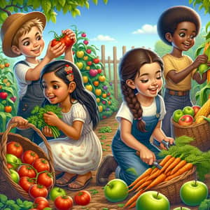 Diverse Children Harvesting on a Vibrant Farm - Joyful Scene