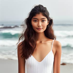 Elegant White Swimsuit on Pacific Ocean Coastline - Youth and Vitality
