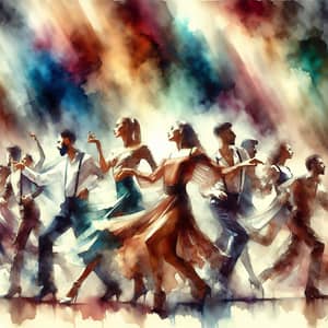 Elegant Watercolor Painting of Diverse Group Engaged in Dance