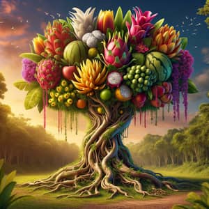 Exotic Plant Organism: Oak Tree Trunk, Weeping Willow Branches, Banana Leaves, Tulip Flowers, Dragon Fruit with Peach Succulence