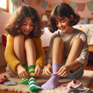 Hispanic Girls Removing Socks in Colorful Bedroom