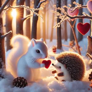White Squirrel and Hedgehog Valentine's Day Scene in Snowy Forest