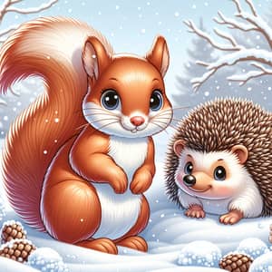 Winter Setting: Cute Squirrel and Hedgehog in Snow