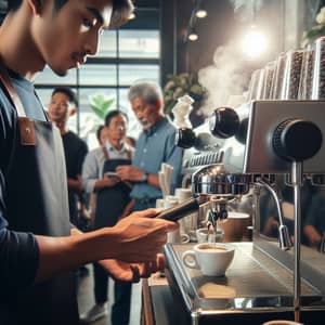 Morning Espresso Scene at Busy Café | Freshly Brewed Coffee