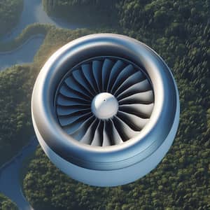 Top View of Large Turbofan Jet Engine Flying Above Lush Forest