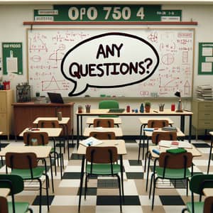 Classic Classroom Setting with Any Questions? Text Bubble on Whiteboard