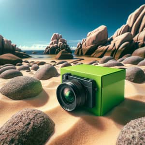 Analog Film Photography: Green Box on Beach with Boulder Rocks
