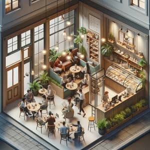 Cozy Rustic-Themed Cafe Layout with Diverse Customers and Live Music