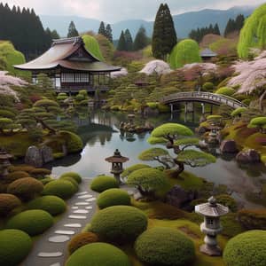 Tranquil Japanese Garden in Aomori: Walking Paths, Tea House, Cherry Blossoms