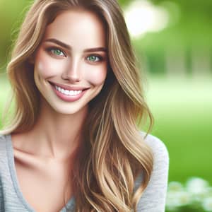 Beautiful Blonde Woman with Green Eyes and Joyful Smile