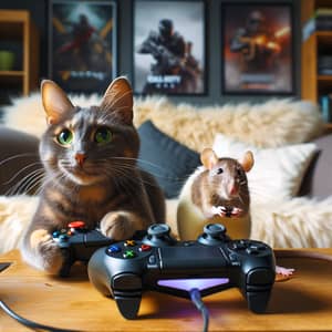 Cat and Rat Video Game Duo on a Cozy Couch