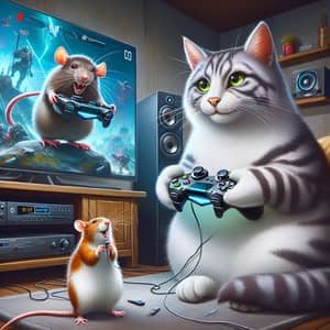 Cat and Rat Playing Video Games Together in Well-Lit Room
