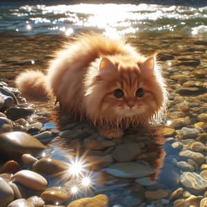 Fluffy Orange Tabby Cat Wading in Shallow Stream