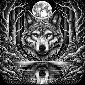 Detailed Black and White Wolf Tattoo Design with Forest Landscape and Moon