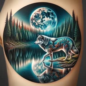 Majestic Wolf Tattoo Design with Moonlit Forest Reflection