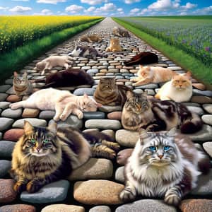 Whimsical Pathway: Cats on a Sunny Day