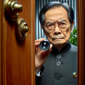 Asian Political Leader Peering Through Door Peephole