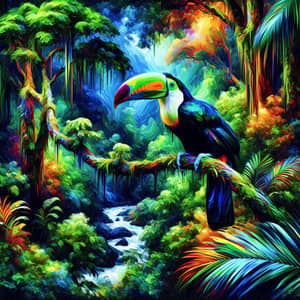 Lush Rainforest Painting with Toco Toucan | Vibrant Artwork