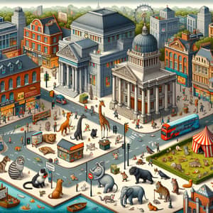 Detailed City Map with Buildings and Wild Animals