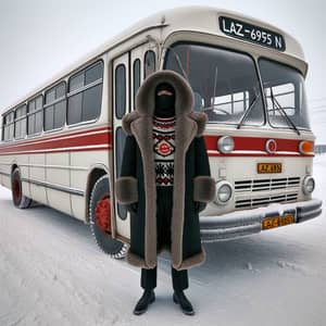 Winter Scene with Soviet-Style Man and LAZ-695N Bus