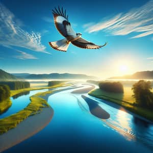 Tranquil Bird Flying Over Meandering River | Golden Twilight Scene