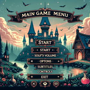 Medieval Game Menu: Start, Options, Credits, Exit - Potion Craft Style