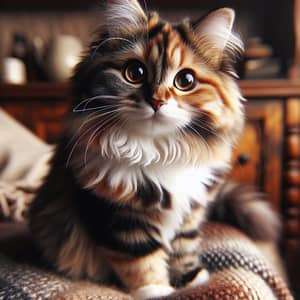 Fluffy Domestic Cat with Amber Eyes | Tri-Colored Fur Pattern