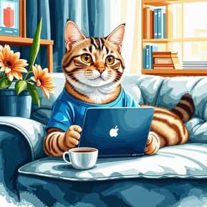 Cartoon Cat with Laptop and Coffee on Cozy Couch