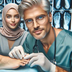 Expert Podiatrist in Surgical Loupes Operating with Assistant