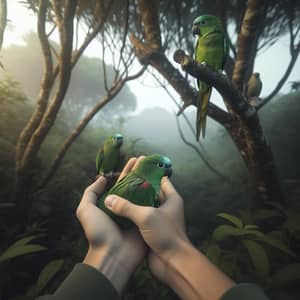 Green Tropical Parrots Comfortably Resting on Person's Hand