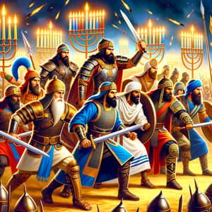 Vibrant Scene: Valiant Maccabee Warriors Protecting Chanukkah