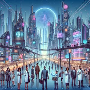 Futuristic Cybernetic Cityscape - Techno Skyscrapers & Diverse People