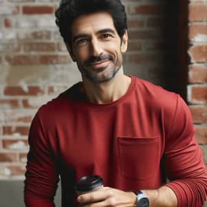 Middle-Eastern Man in Red Shirt with Coffee Cup | Website Name