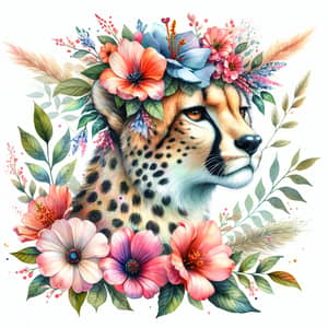 Watercolor Painting of Cheetah with Beautiful Flowers