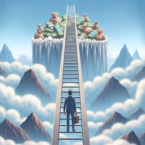 Man Climbing Ladder to Financial Success | Misty Mountains and Clouds