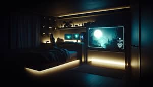 Cozy Nighttime Gaming Setup with Hidden Monsters