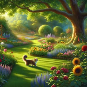 Serene Garden Scene with Blossoming Flowers and Curious Cat