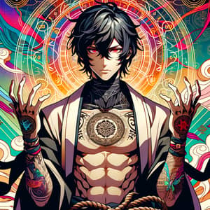 2k Mystic Sorcerer Anime Wallpaper - Slim Male Character with Red Eyes & Black Hair