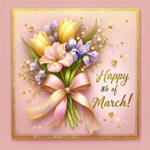 Festive 8th of March Greeting Card | Yellow Tulips, Purple Irises