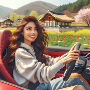 Hispanic Girl Riding Luxury Sports Car in South Korea Countryside