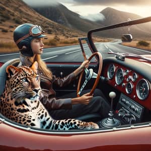 Caucasian Teenager Driving Classic Sports Car with Leopard Passenger