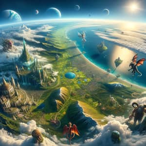Fantasy World Aerial View: Verdant Landscapes & Mythical Creatures