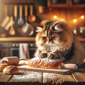 Adorable Cat Kneading Bread in Cozy Kitchen Setting