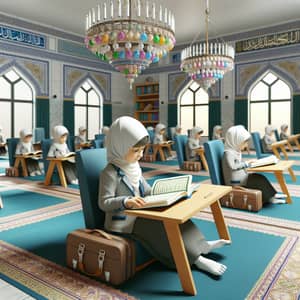 3D Elementary School Child Studying in Mosque with Quran