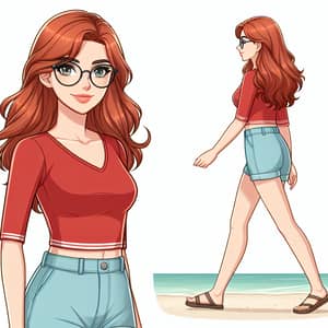 Redhead Woman in 20s with Glasses Strolling on Beach