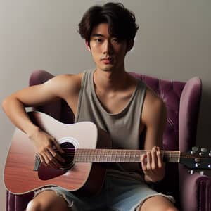 Asian Male Musician Seated in Plush Armchair | Short Tank Top Shorts
